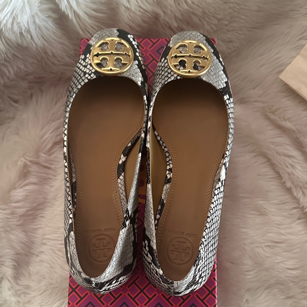 Tory Burch Snakeskin Pattern Flats with Gold Accents